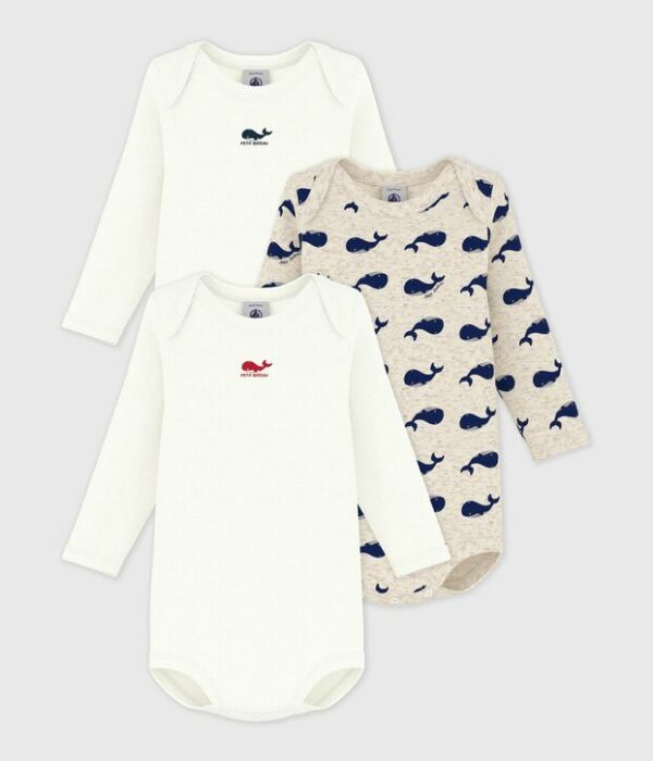 Lot de 3 bodies manches longues baleines bébé en coton