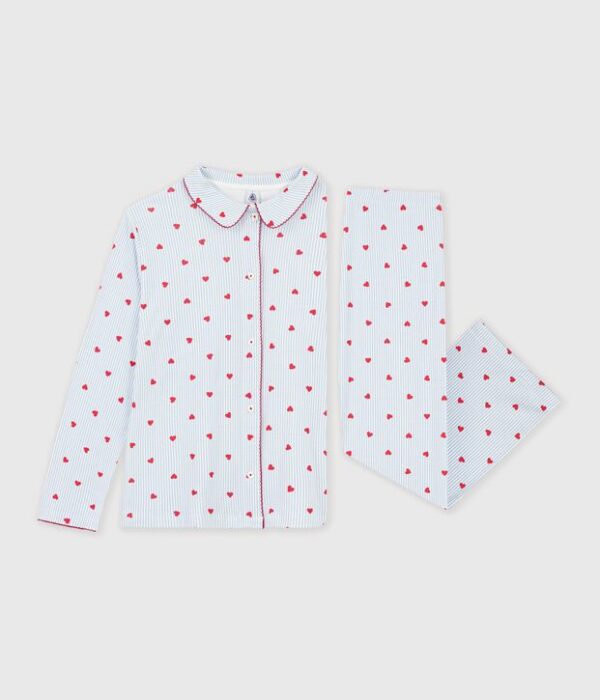 Pyjama boutonné femme en coton imprimé à rayures et cœurs