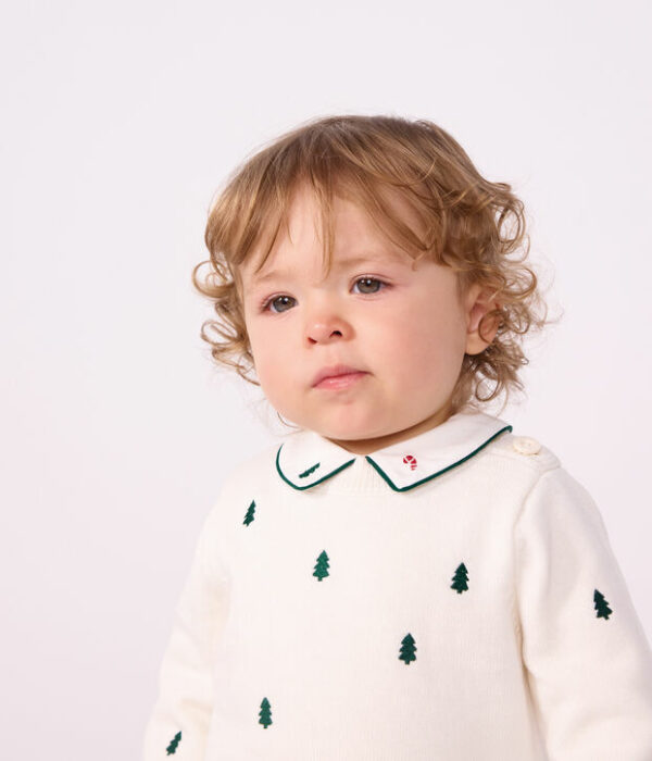 Pull bébé en laine et coton et sapins brodées