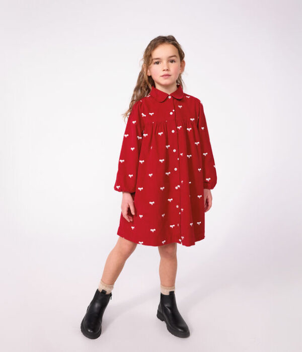Robe enfant en velours manches longue imprimée nœuds