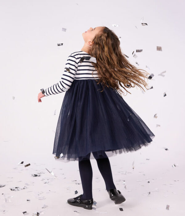 Robe enfant en coton et tulle manches longues à rayures