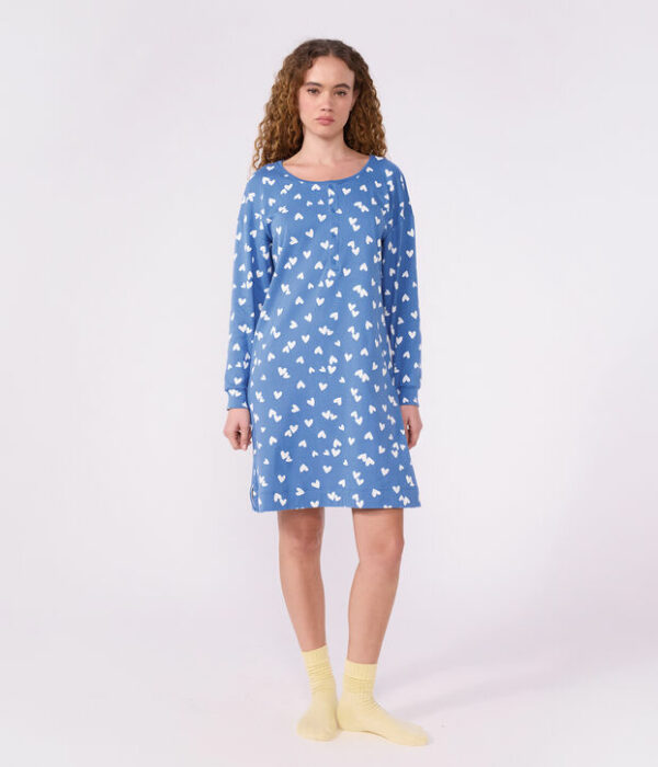Chemise de nuit femme en coton col tunisien imprimé cœurs