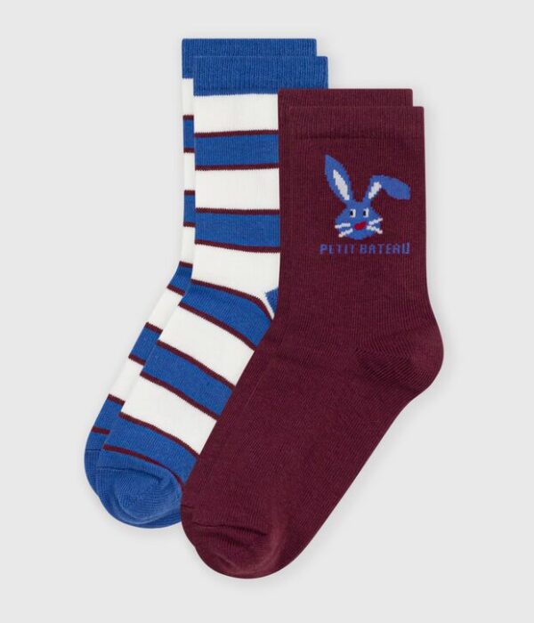 2 paires de chaussettes enfant en coton rayées et motif animalier