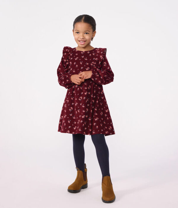 Robe enfant en velours manches longues à fleurs