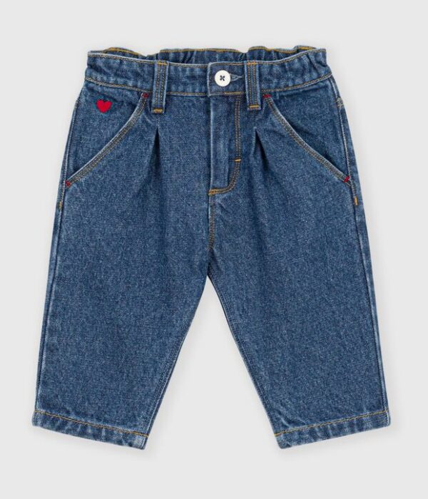 Pantalon bébé en denim uni et broderie cœur