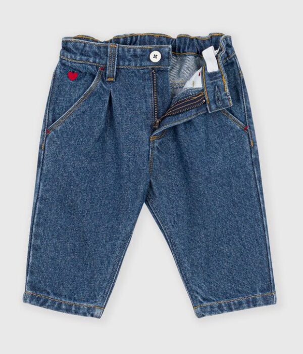 Pantalon bébé en denim uni et broderie cœur