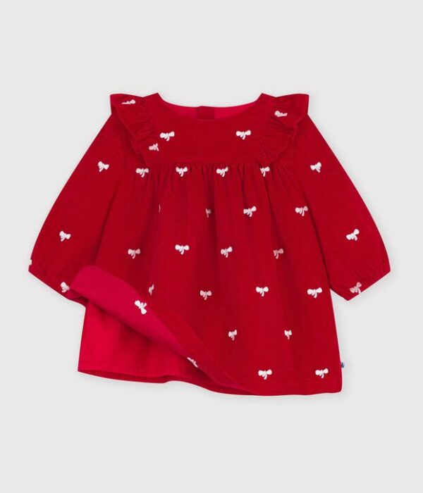 Robe bébé en velours manches longues et broderies motif nœuds