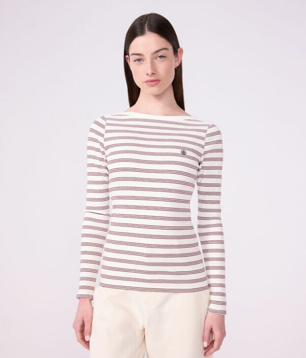 Tee-shirt femme col amiral en coton manches longues à rayures