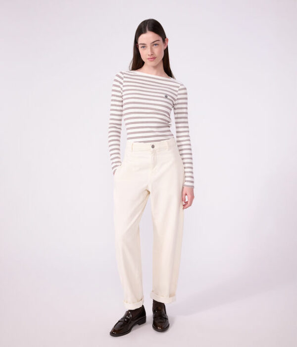 Tee-shirt femme col amiral en coton manches longues à rayures