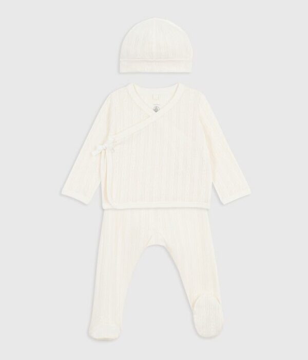 Ensemble long 3 pièces bébé en coton ajouré et son bonnet
